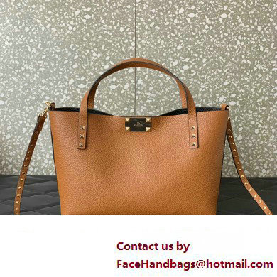 Valentino Small Rockstud Grainy Calfskin Tote Bag with Contrasting Lining 0044 Brown 2023