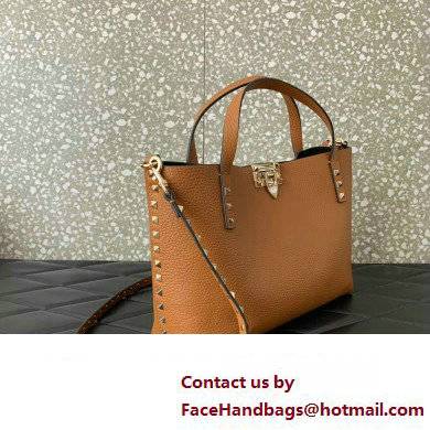 Valentino Small Rockstud Grainy Calfskin Tote Bag with Contrasting Lining 0044 Brown 2023