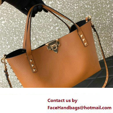 Valentino Small Rockstud Grainy Calfskin Tote Bag with Contrasting Lining 0044 Brown 2023