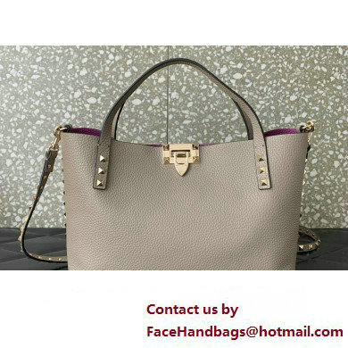 Valentino Small Rockstud Grainy Calfskin Tote Bag with Contrasting Lining 0044 Dove Gray 2023