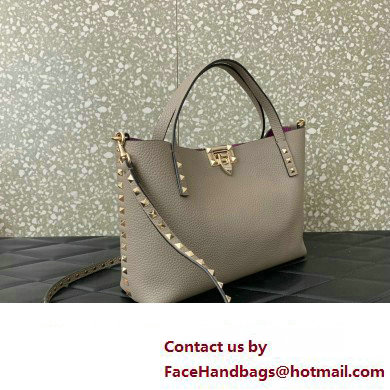 Valentino Small Rockstud Grainy Calfskin Tote Bag with Contrasting Lining 0044 Dove Gray 2023