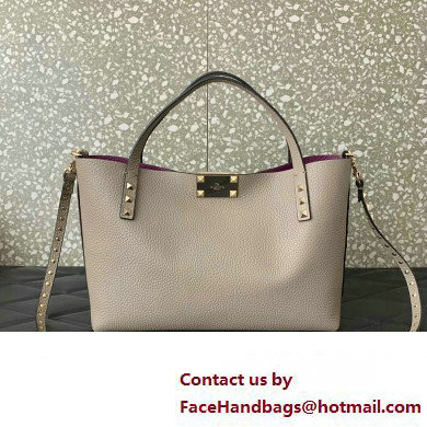 Valentino Small Rockstud Grainy Calfskin Tote Bag with Contrasting Lining 0044 Dove Gray 2023