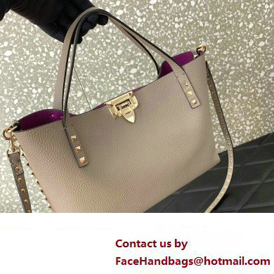 Valentino Small Rockstud Grainy Calfskin Tote Bag with Contrasting Lining 0044 Dove Gray 2023