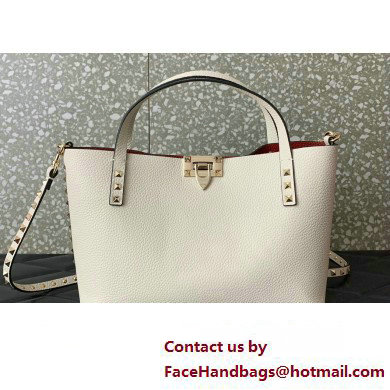 Valentino Small Rockstud Grainy Calfskin Tote Bag with Contrasting Lining 0044 White 2023