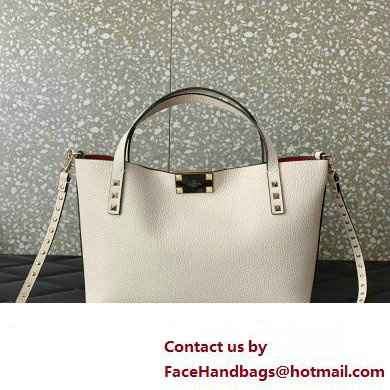 Valentino Small Rockstud Grainy Calfskin Tote Bag with Contrasting Lining 0044 White 2023