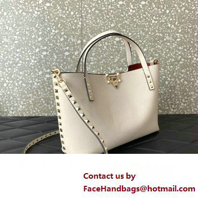 Valentino Small Rockstud Grainy Calfskin Tote Bag with Contrasting Lining 0044 White 2023