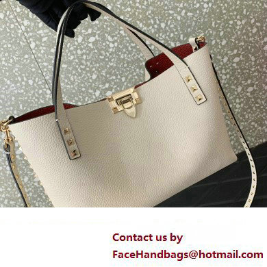 Valentino Small Rockstud Grainy Calfskin Tote Bag with Contrasting Lining 0044 White 2023