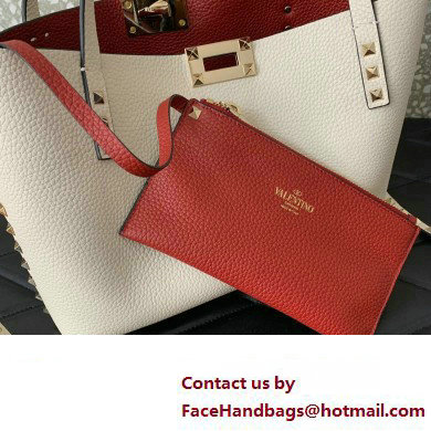 Valentino Small Rockstud Grainy Calfskin Tote Bag with Contrasting Lining 0044 White 2023