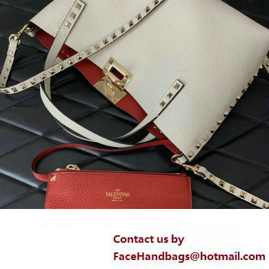 Valentino Small Rockstud Grainy Calfskin Tote Bag with Contrasting Lining 0044 White 2023