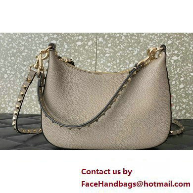 Valentino Small Rockstud Hobo bag in Grainy Calfskin 0313 Beige 2023 - Click Image to Close