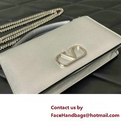 Valentino Vlogo Signature Wallet With Chain in Grainy Calfskin Silver 2024