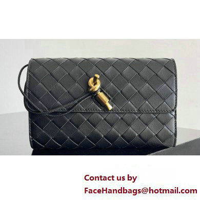 Bottega Veneta Andiamo Large Flap Wallet Black with metallic knot closure 2024