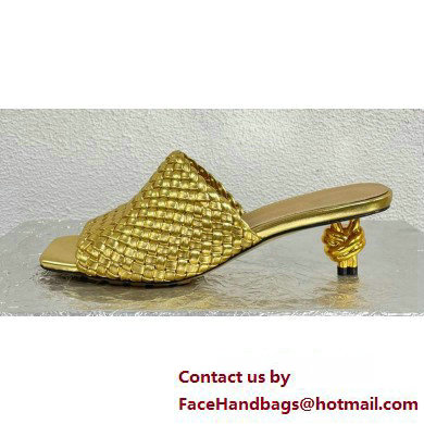 Bottega Veneta Mid Heel 4.5cm Intreccio Leather Knot Mules Gold 2024