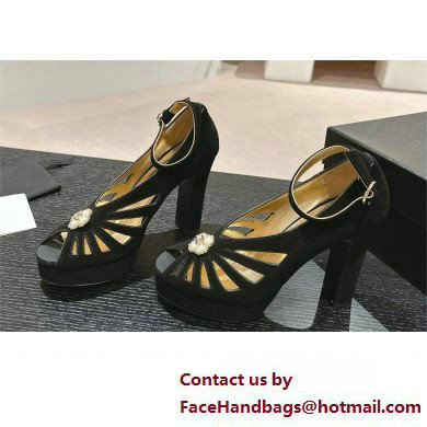 CHANEL HEEL 11CM Suede Calfskin sandals G45455 Black 2024