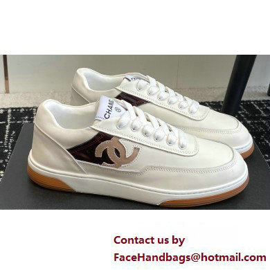 Chanel Calfskin Leather Logo Sneakers White/Beige/Burgundy 2024