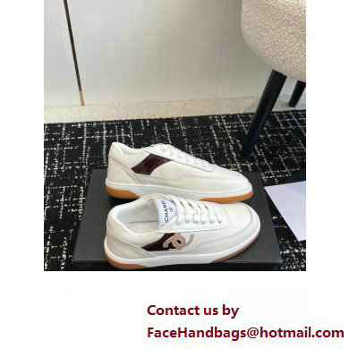 Chanel Calfskin Leather Logo Sneakers White/Beige/Burgundy 2024