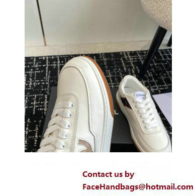 Chanel Calfskin Leather Logo Sneakers White/Beige/Burgundy 2024