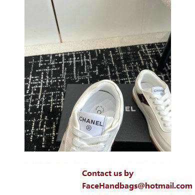 Chanel Calfskin Leather Logo Sneakers White/Beige/Burgundy 2024