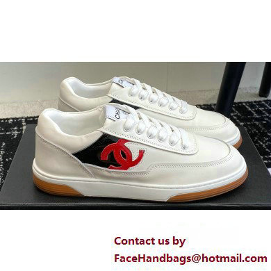 Chanel Calfskin Leather Logo Sneakers White/Red/Black 2024 - Click Image to Close