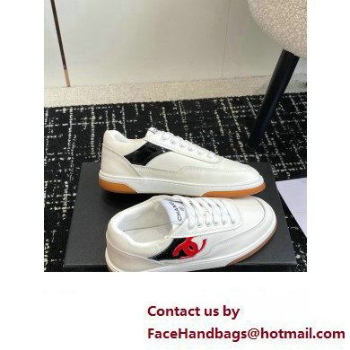 Chanel Calfskin Leather Logo Sneakers White/Red/Black 2024