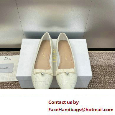 Dior Ballet Flats with Grosgrain bow and Pearl in WHITE Quilted Cannage Calfskin 2024 - Click Image to Close