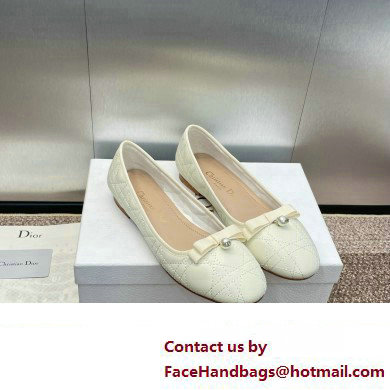 Dior Ballet Flats with Grosgrain bow and Pearl in WHITE Quilted Cannage Calfskin 2024