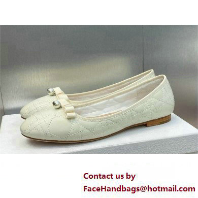 Dior Ballet Flats with Grosgrain bow and Pearl in WHITE Quilted Cannage Calfskin 2024