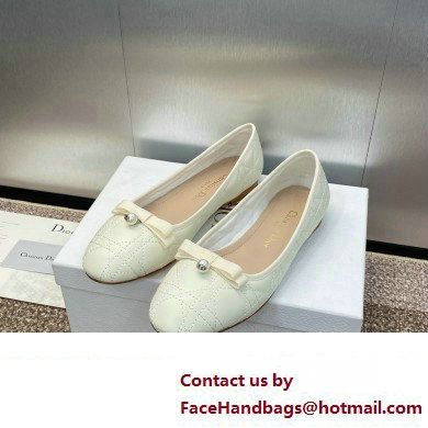 Dior Ballet Flats with Grosgrain bow and Pearl in WHITE Quilted Cannage Calfskin 2024