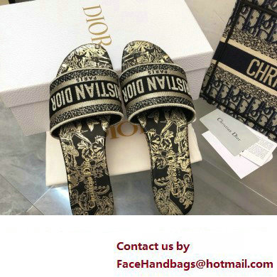 Dior Black and Gold-Tone Toile de Jouy Mexico Embroidered Cotton with Metallic Thread Dway Slide 2024