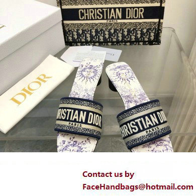 Dior Embroidered Cotton and White and Blue Toile de Jouy Soleil Motif Dway Heeled Slide 2024 - Click Image to Close