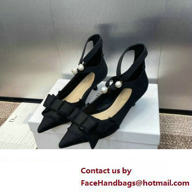 Dior Heel 4cm Adiorable Pumps in Black Fringed Grosgrain with Bow and Pearl 2024