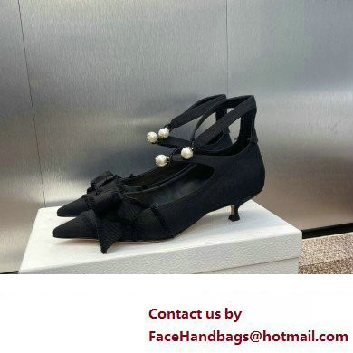 Dior Heel 4cm Adiorable Pumps in Black Fringed Grosgrain with Bow and Pearl 2024