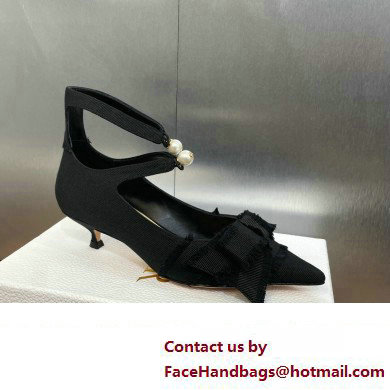 Dior Heel 4cm Adiorable Pumps in Black Fringed Grosgrain with Bow and Pearl 2024