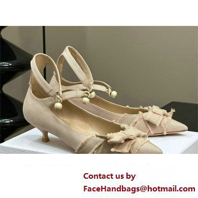 Dior Heel 4cm Adiorable Pumps in NUDE Fringed Grosgrain with Bow and Pearl 2024