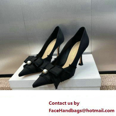 Dior Heel 8cm Adiorable Pumps in Black Fringed Grosgrain with Bow and Pearl 2024