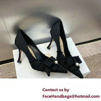 Dior Heel 8cm Adiorable Pumps in Black Fringed Grosgrain with Bow and Pearl 2024