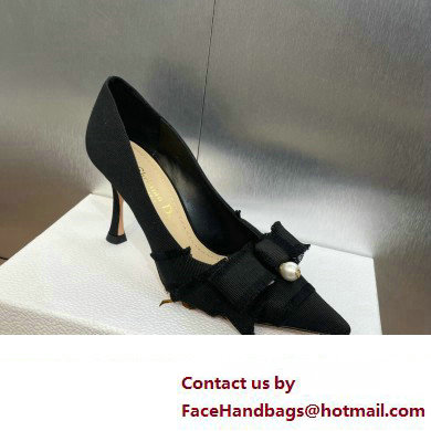 Dior Heel 8cm Adiorable Pumps in Black Fringed Grosgrain with Bow and Pearl 2024