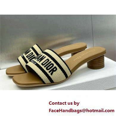 Dior Natural Raffia and Black Embroidered Cotton Dway Heeled Slide 2024