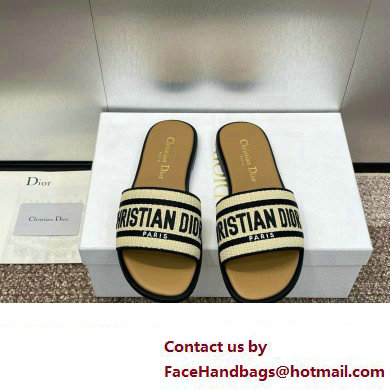 Dior Natural Raffia and Black Embroidered Cotton Dway Slide 2024