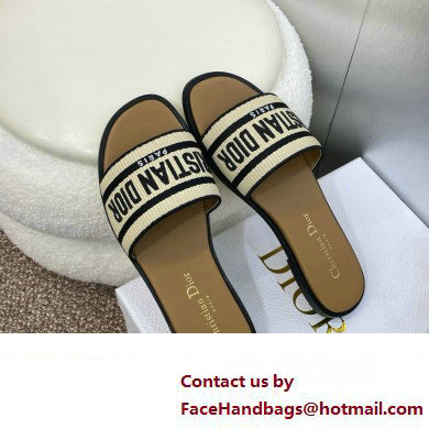 Dior Natural Raffia and Black Embroidered Cotton Dway Slide 2024