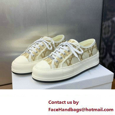 Dior Or Walk'n'Dior Platform Sneaker in White Cotton Embroidered with Macrocannage Motif in Gold-Tone Metallic Thread 2024