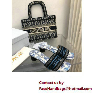 Dior Pastel Midnight Blue Multicolor Embroidered Cotton with Toile de Jouy Mexico Motif Dway heeled Slide 2024