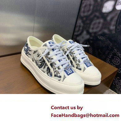 Dior Walk'n'Dior Platform Sneaker in White Cotton Embroidered with Blue Toile de Jouy Soleil Motif 2024