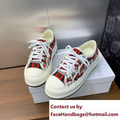 Dior Walk'n'Dior Platform Sneaker in White and Red Embroidered Cotton with Le Coeur des Papillons Motif 2024