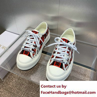 Dior Walk'n'Dior Platform Sneaker in White and Red Embroidered Cotton with Le Coeur des Papillons Motif 2024