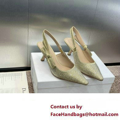 Dior heel 6.5CM J'Adior Slingback Pump IN Cotton Embroidered with Gold-Tone Metallic Thread and Strass 2024