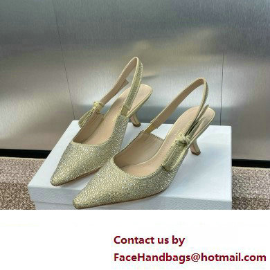 Dior heel 6.5CM J'Adior Slingback Pump IN Cotton Embroidered with Gold-Tone Metallic Thread and Strass 2024