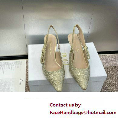 Dior heel 6.5CM J'Adior Slingback Pump IN Cotton Embroidered with Gold-Tone Metallic Thread and Strass 2024