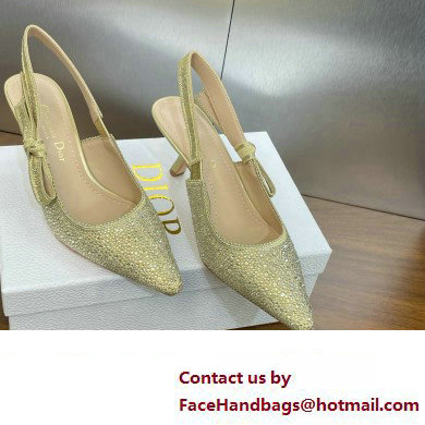 Dior heel 6.5CM J'Adior Slingback Pump IN Cotton Embroidered with Gold-Tone Metallic Thread and Strass 2024