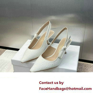 Dior heel 6.5CM J'Adior Slingback Pump IN Embroidered Cotton and White Resin Pearls 2024